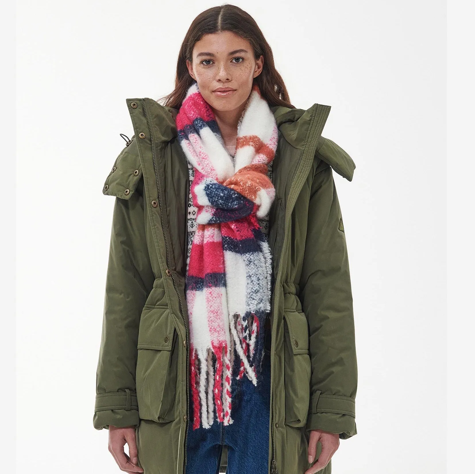 Barbour Ladies Rawson Check Scarf in Dahlia/Navy