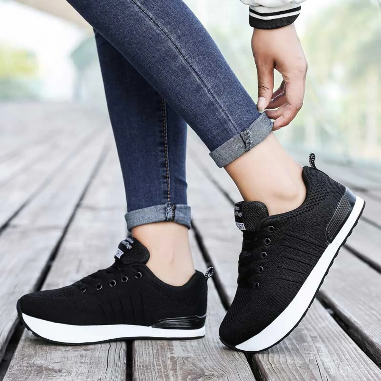 Black stripe pattern texture negative heel rocker sneaker