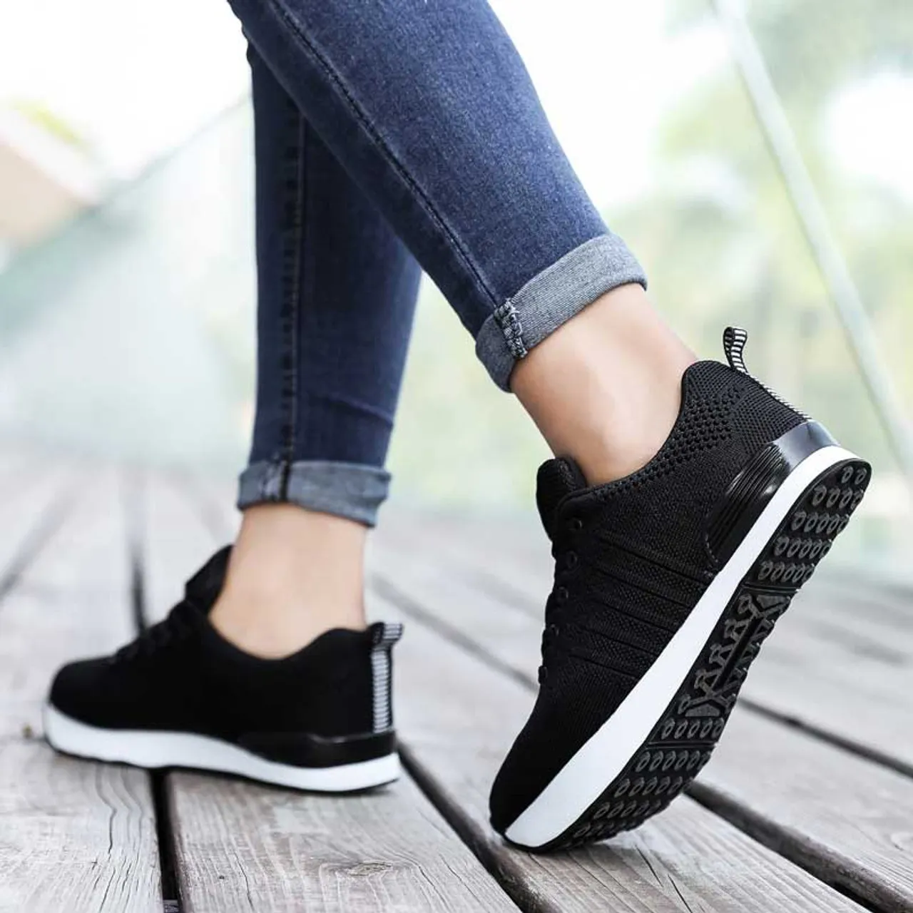 Black stripe pattern texture negative heel rocker sneaker