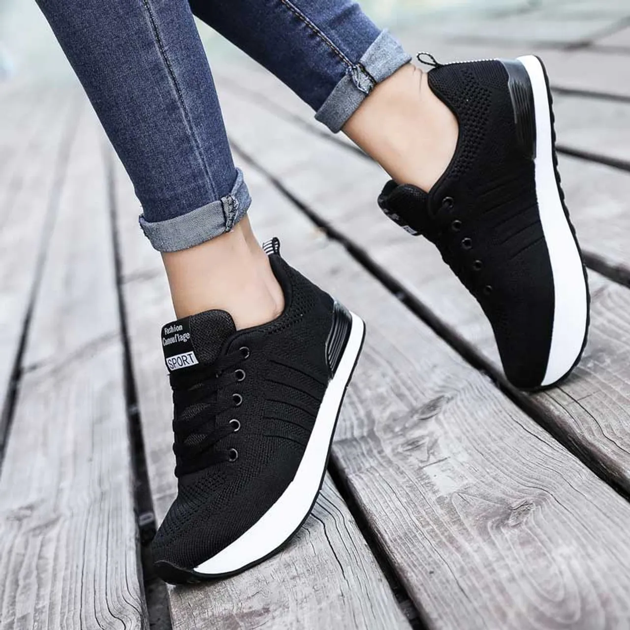 Black stripe pattern texture negative heel rocker sneaker