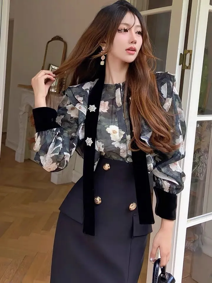 Dabuwawa  |Flower Patterns Long Sleeves Party Style Office Style