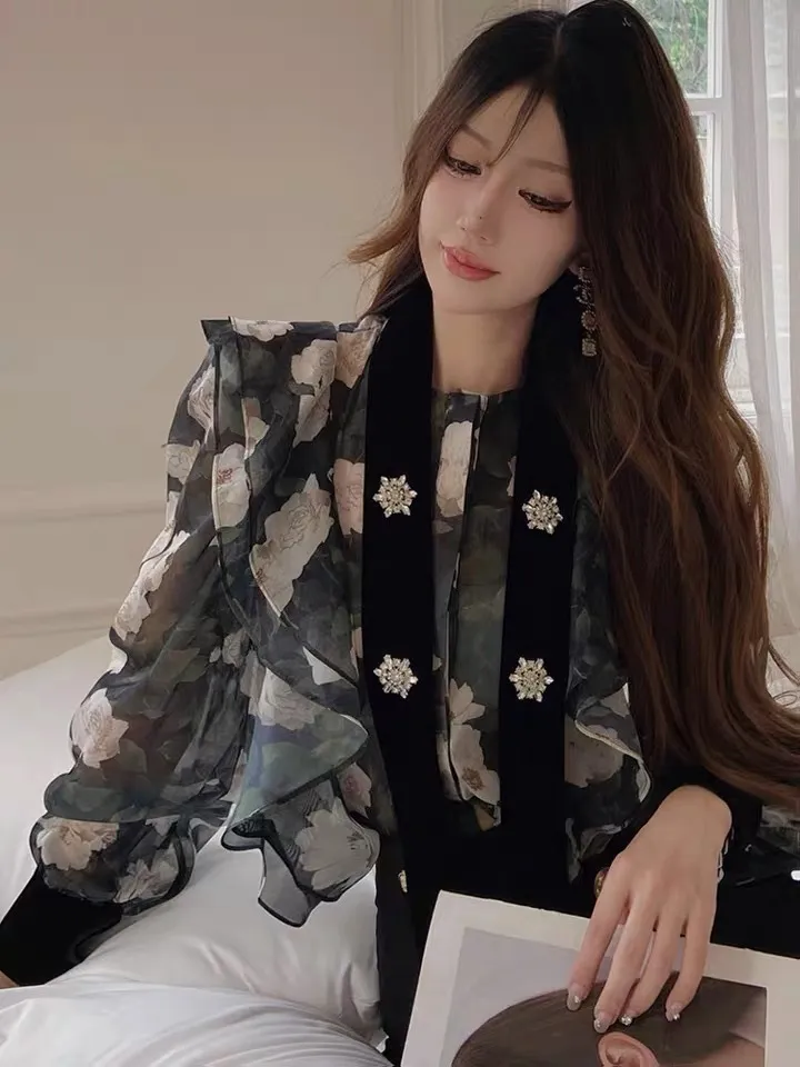 Dabuwawa  |Flower Patterns Long Sleeves Party Style Office Style