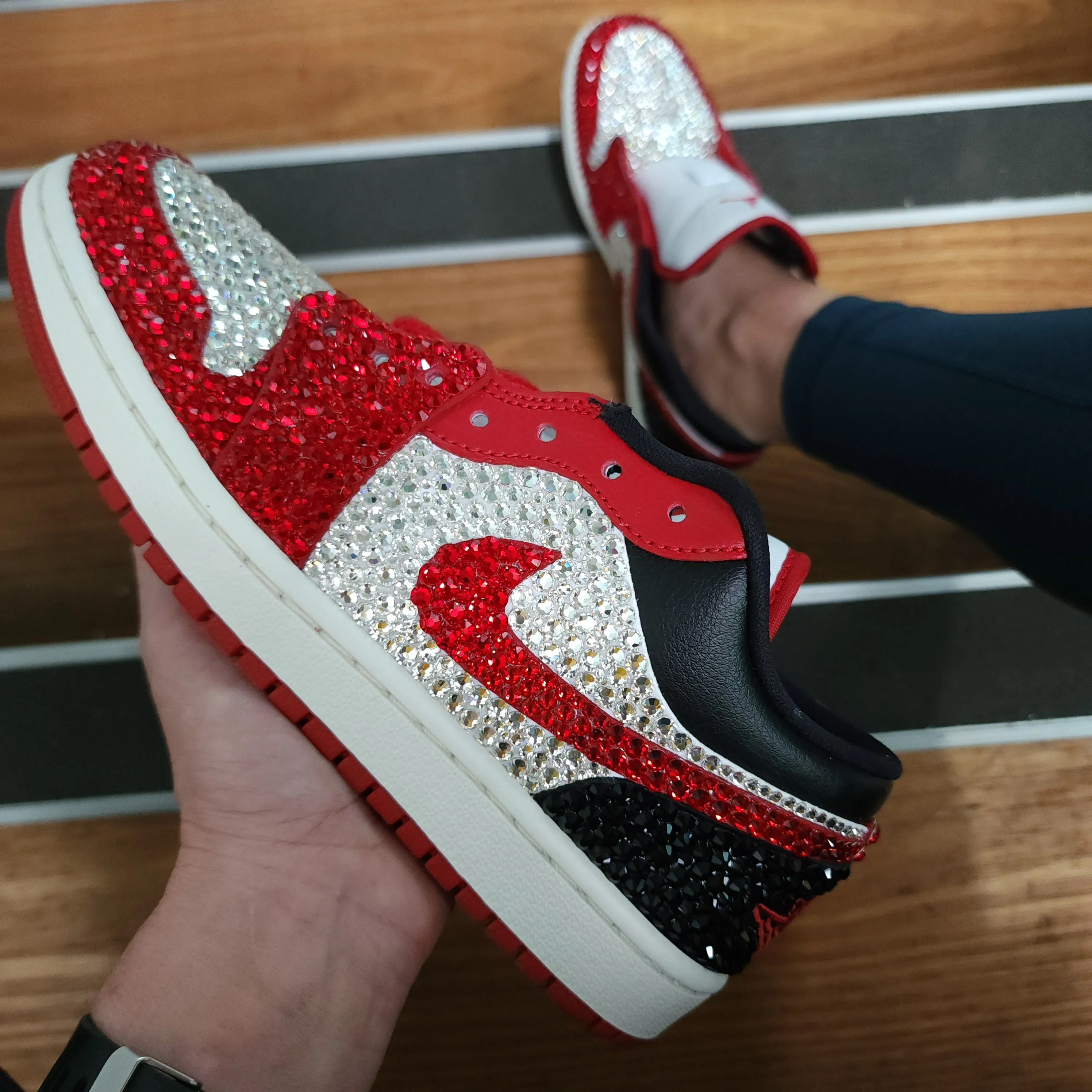 Jordan Women Low (White/Red/Black) With Full Bling