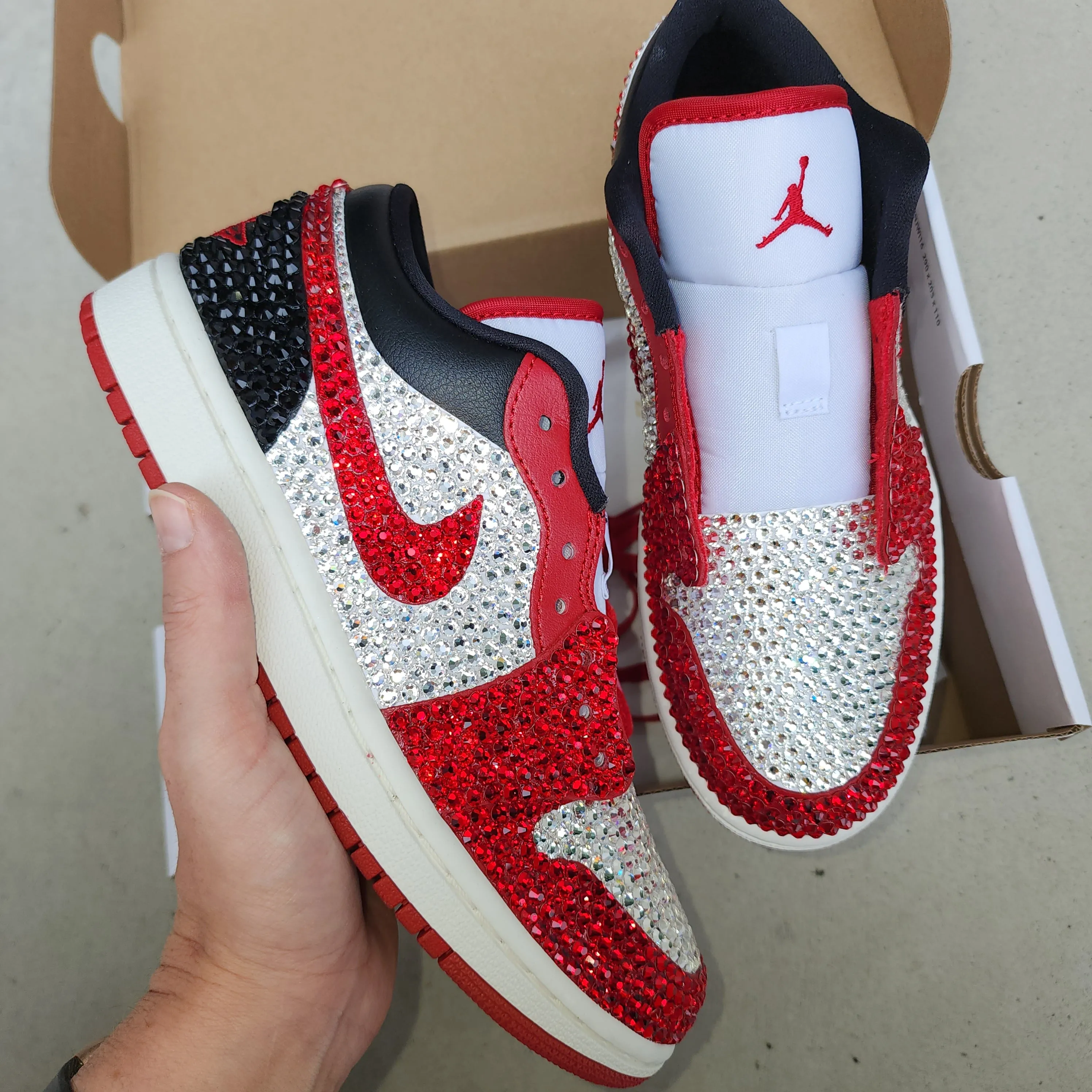 Jordan Women Low (White/Red/Black) With Full Bling