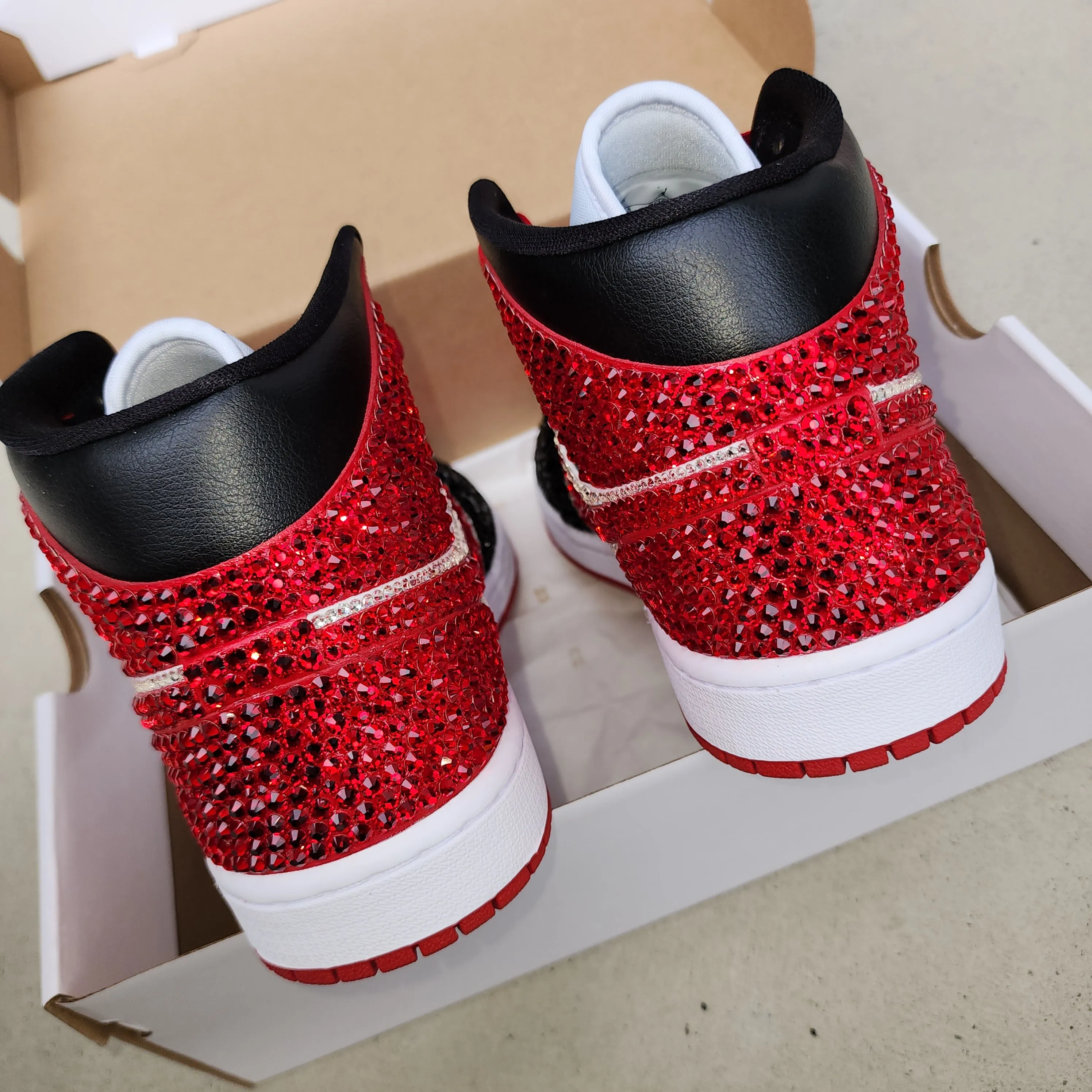 Jordan Women Mid (White/Red/Black) With Full Bling