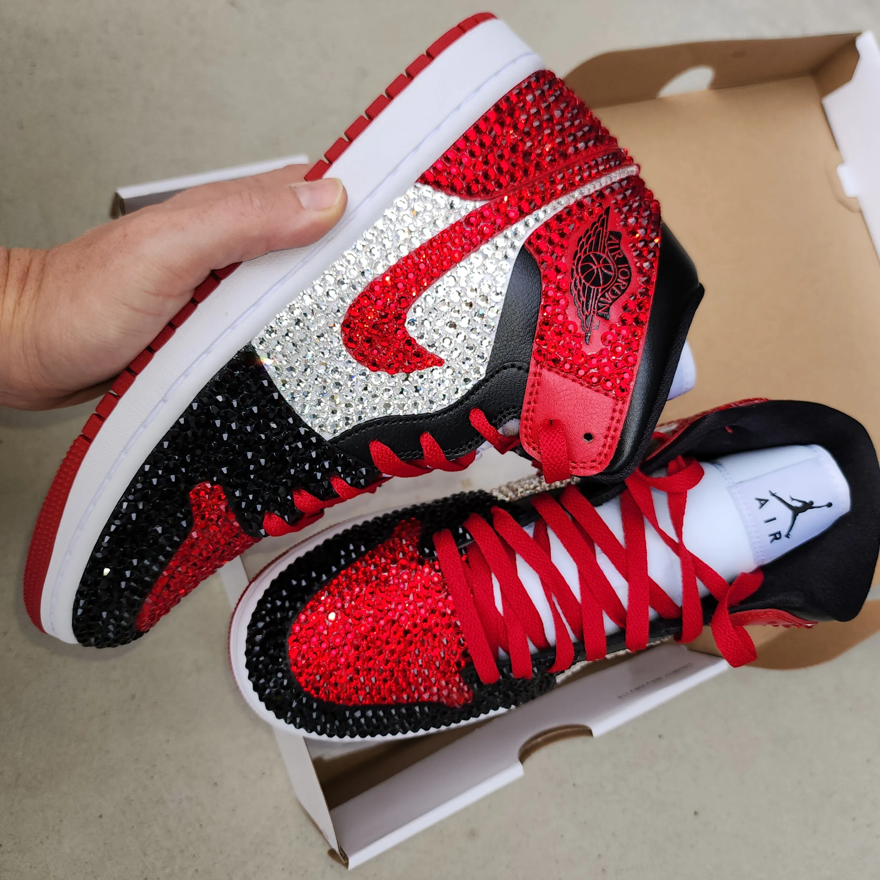 Jordan Women Mid (White/Red/Black) With Full Bling