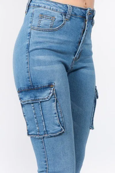 Ladies Dark Blue High Waist Skinny Jeans With Cargo Pockets