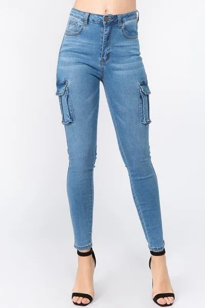 Ladies Dark Blue High Waist Skinny Jeans With Cargo Pockets