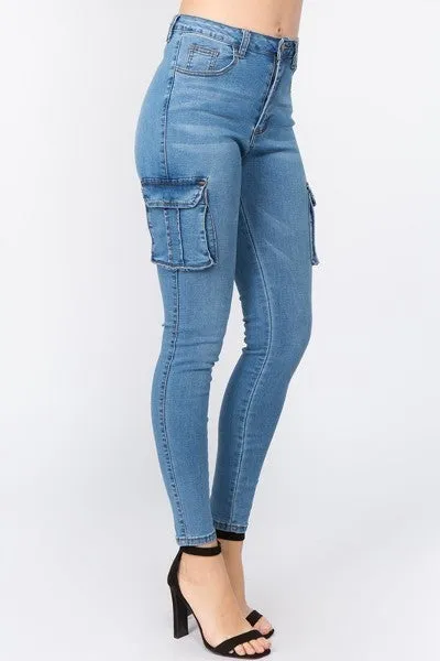 Ladies Dark Blue High Waist Skinny Jeans With Cargo Pockets