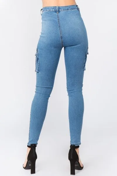 Ladies Dark Blue High Waist Skinny Jeans With Cargo Pockets