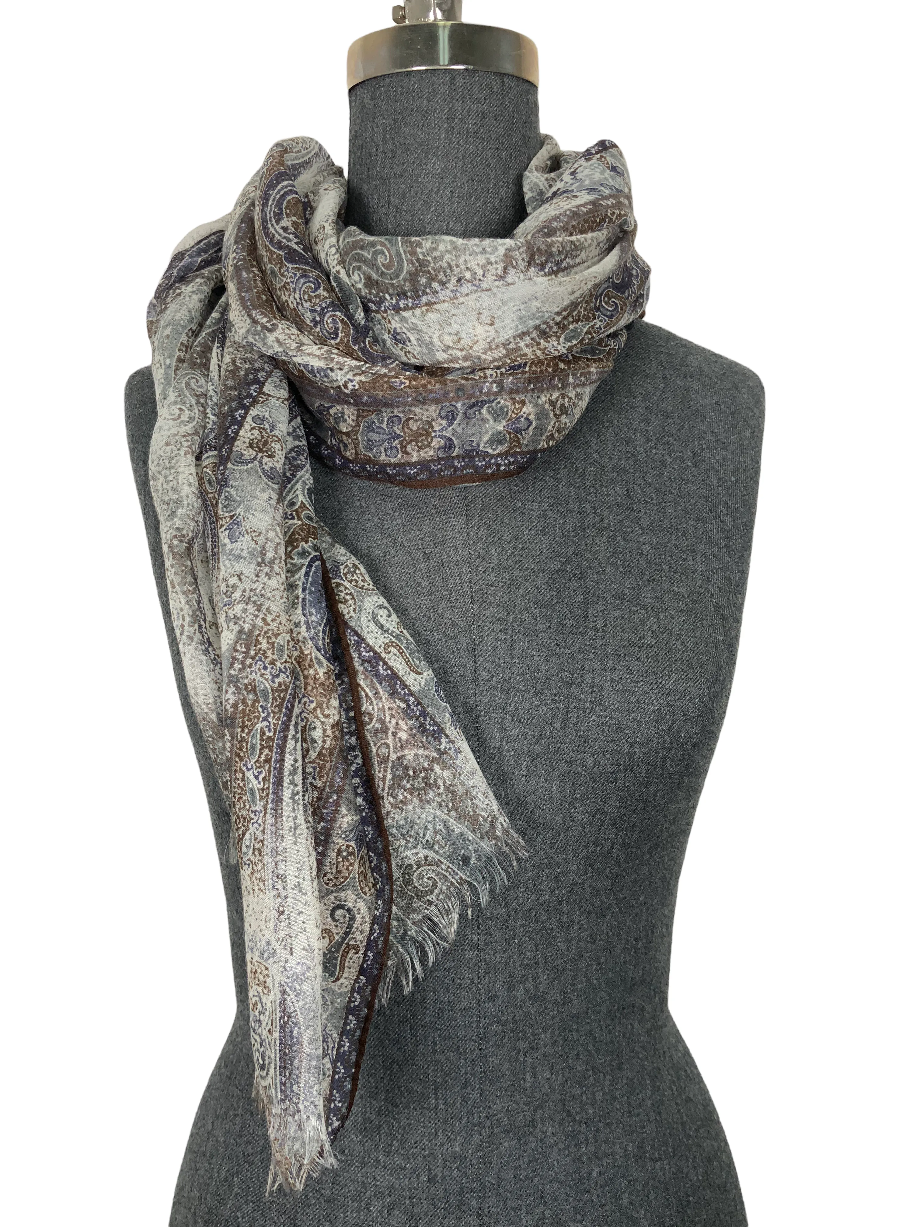 Loro Piana Cashmere Paisley Fringe Trim Oblong Scarf