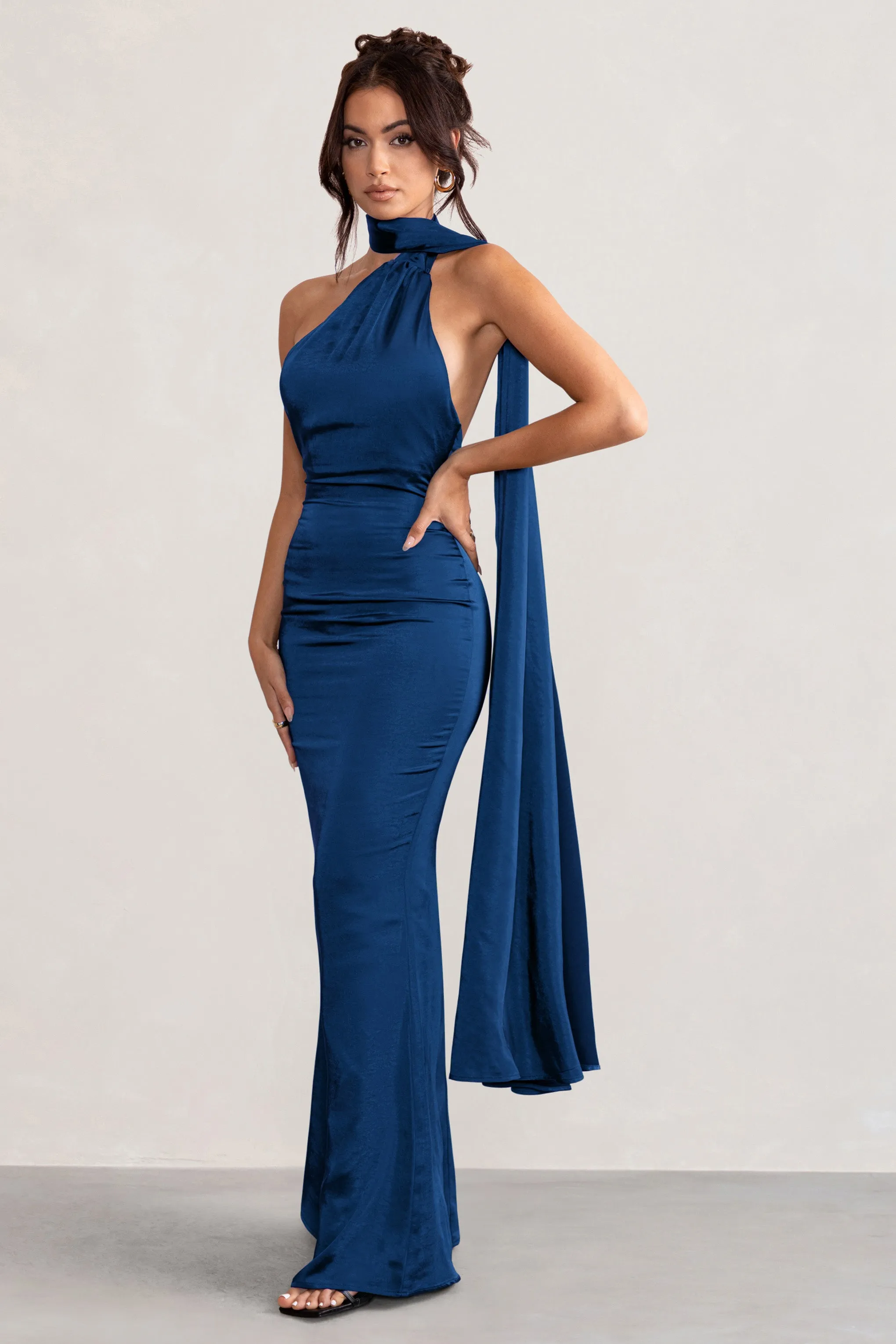 Mademoiselle | Navy Asymmetric Scarf Neck Backless Maxi Dress