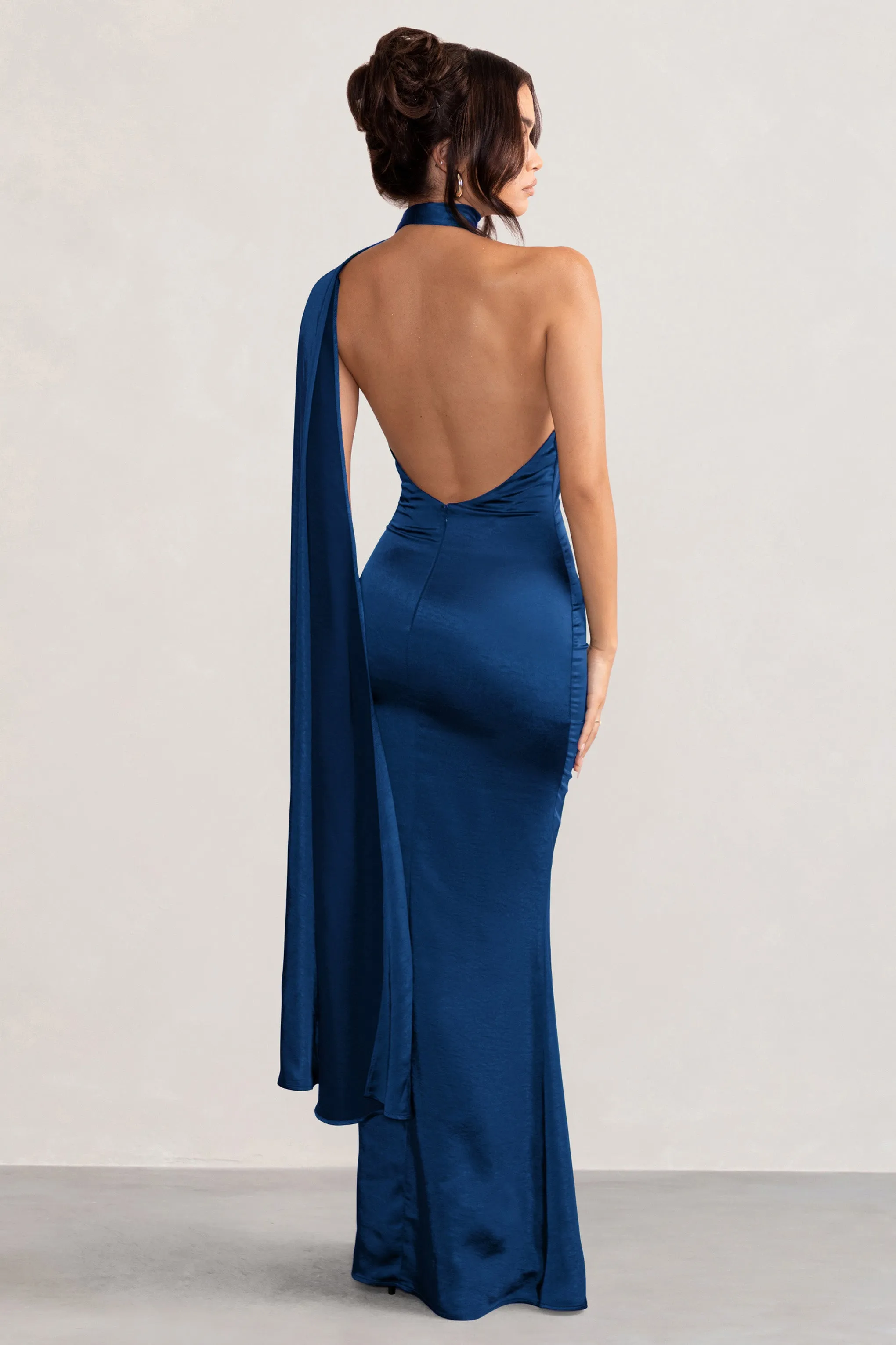 Mademoiselle | Navy Asymmetric Scarf Neck Backless Maxi Dress