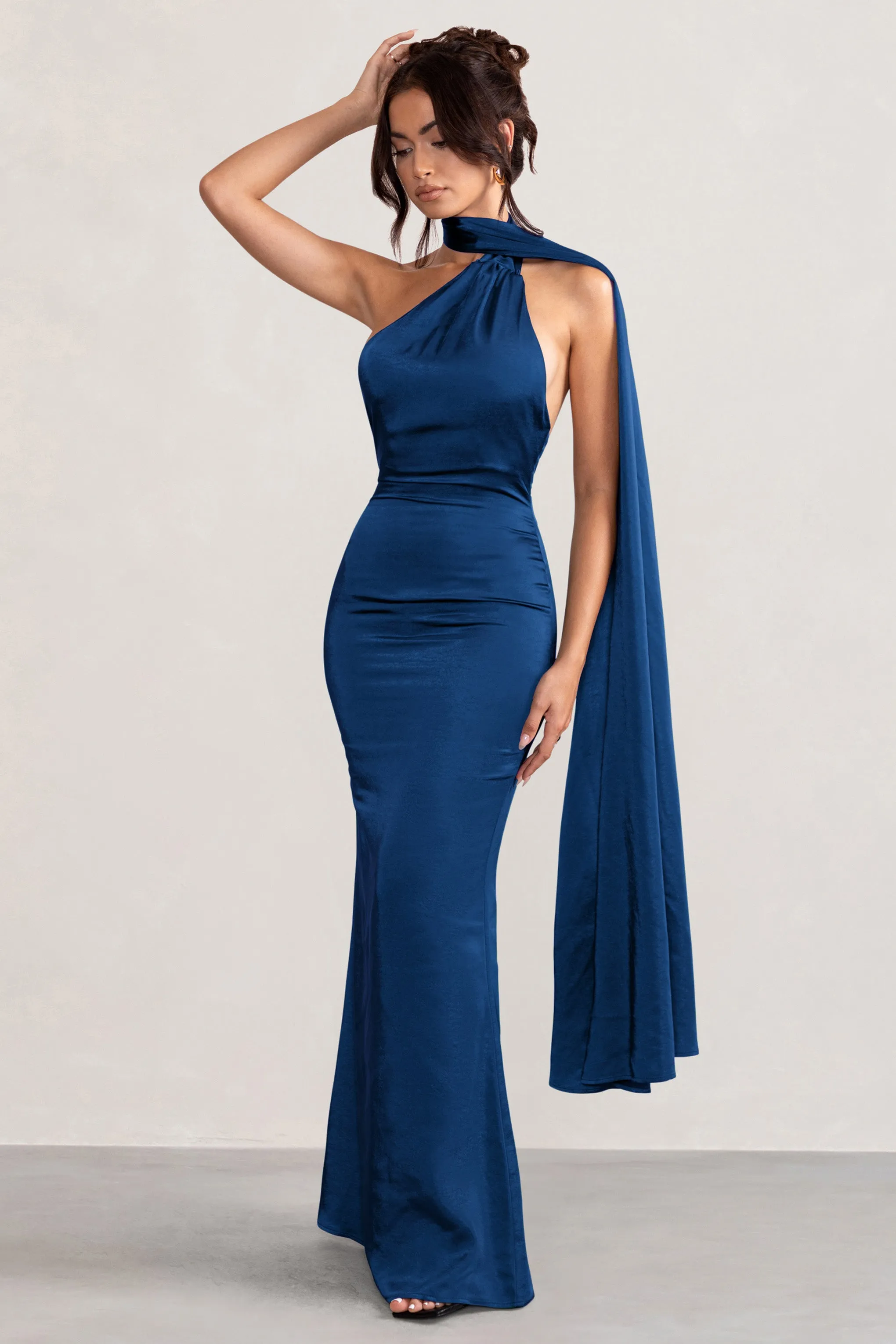 Mademoiselle | Navy Asymmetric Scarf Neck Backless Maxi Dress