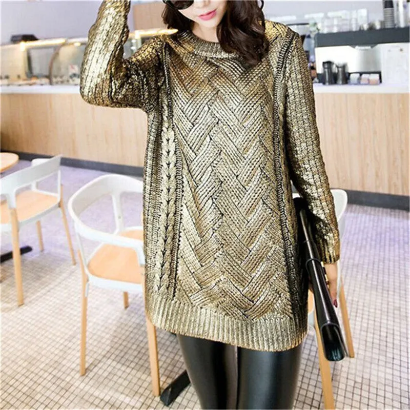 New Fashion Female Bling Pullovers Knitted Long Sleeve O-neck Winter Autumn Sequin Sweaters Hot  72054 GS