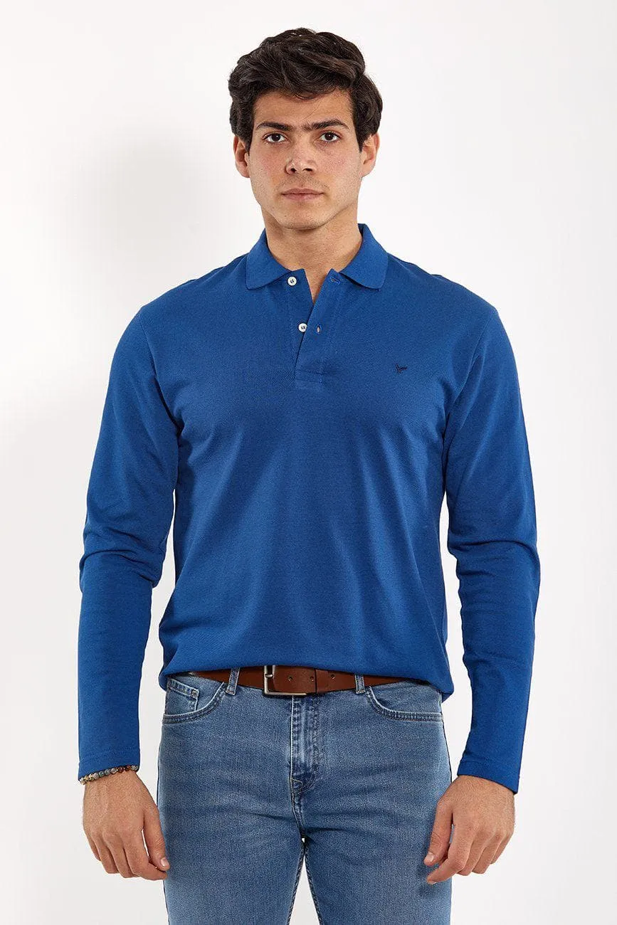 Plain Long-Sleeve Polo Shirt - BLUE FONSE