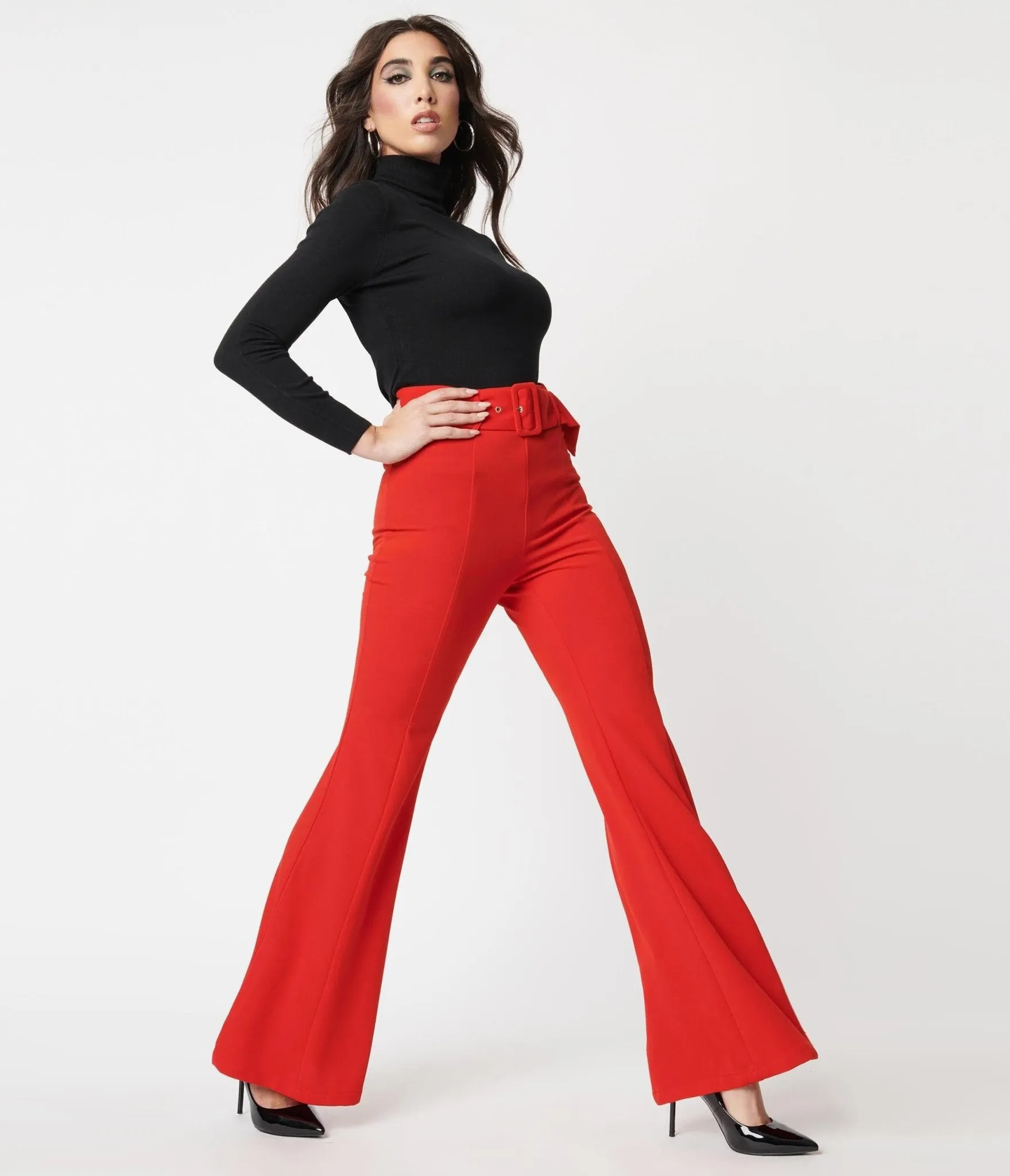 Red Belted Flare Pants