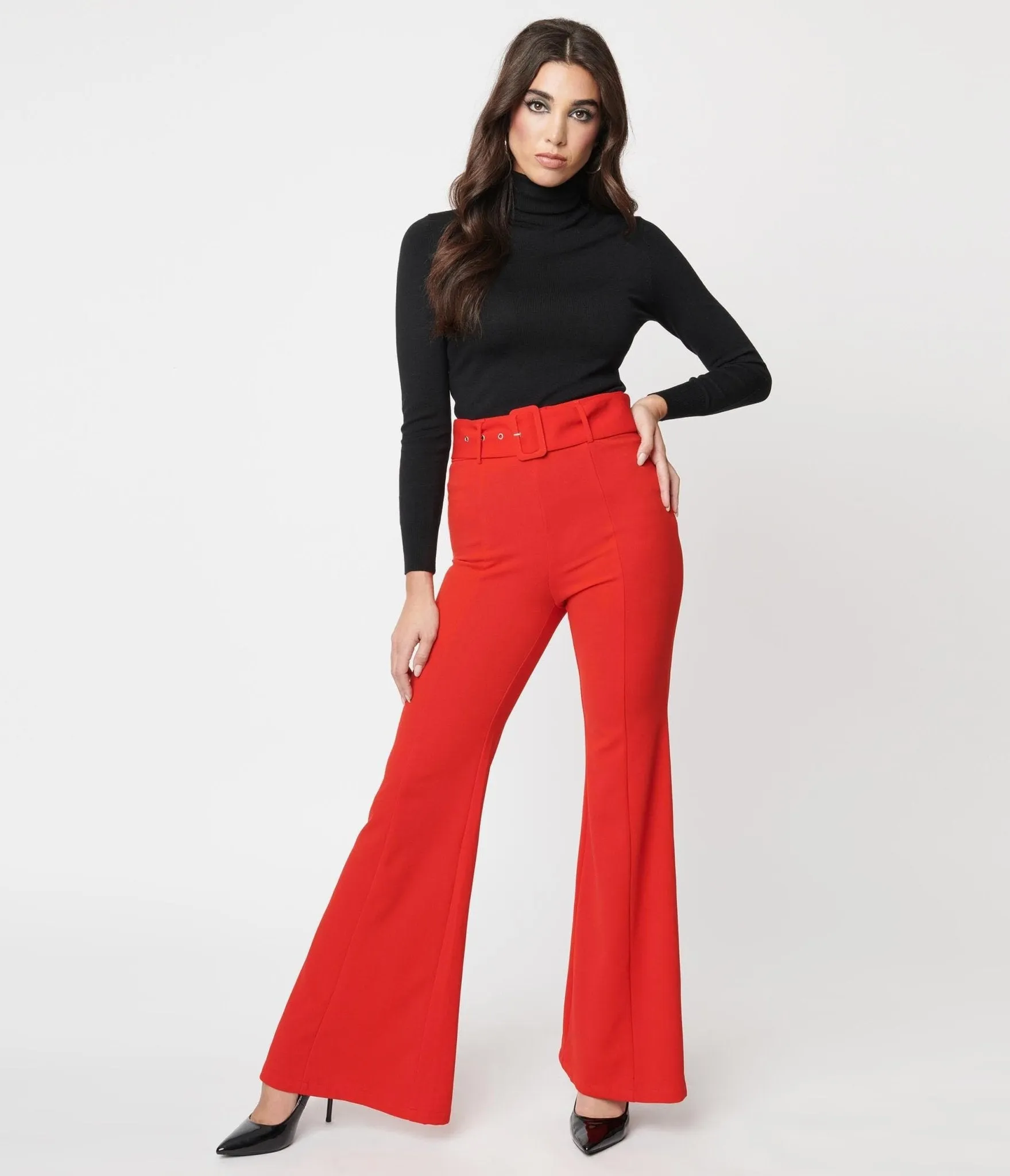 Red Belted Flare Pants