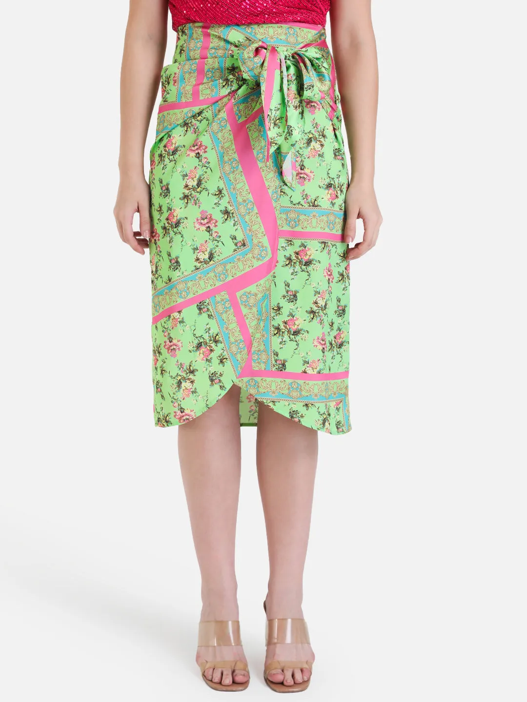 Scarf Printed Wrap Midi Skirt With Tie-Up.