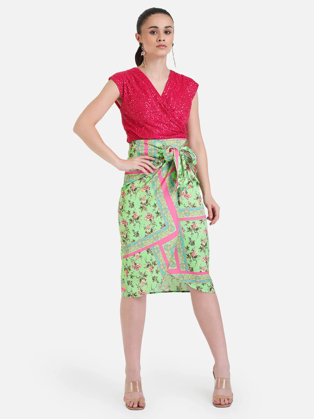 Scarf Printed Wrap Midi Skirt With Tie-Up.