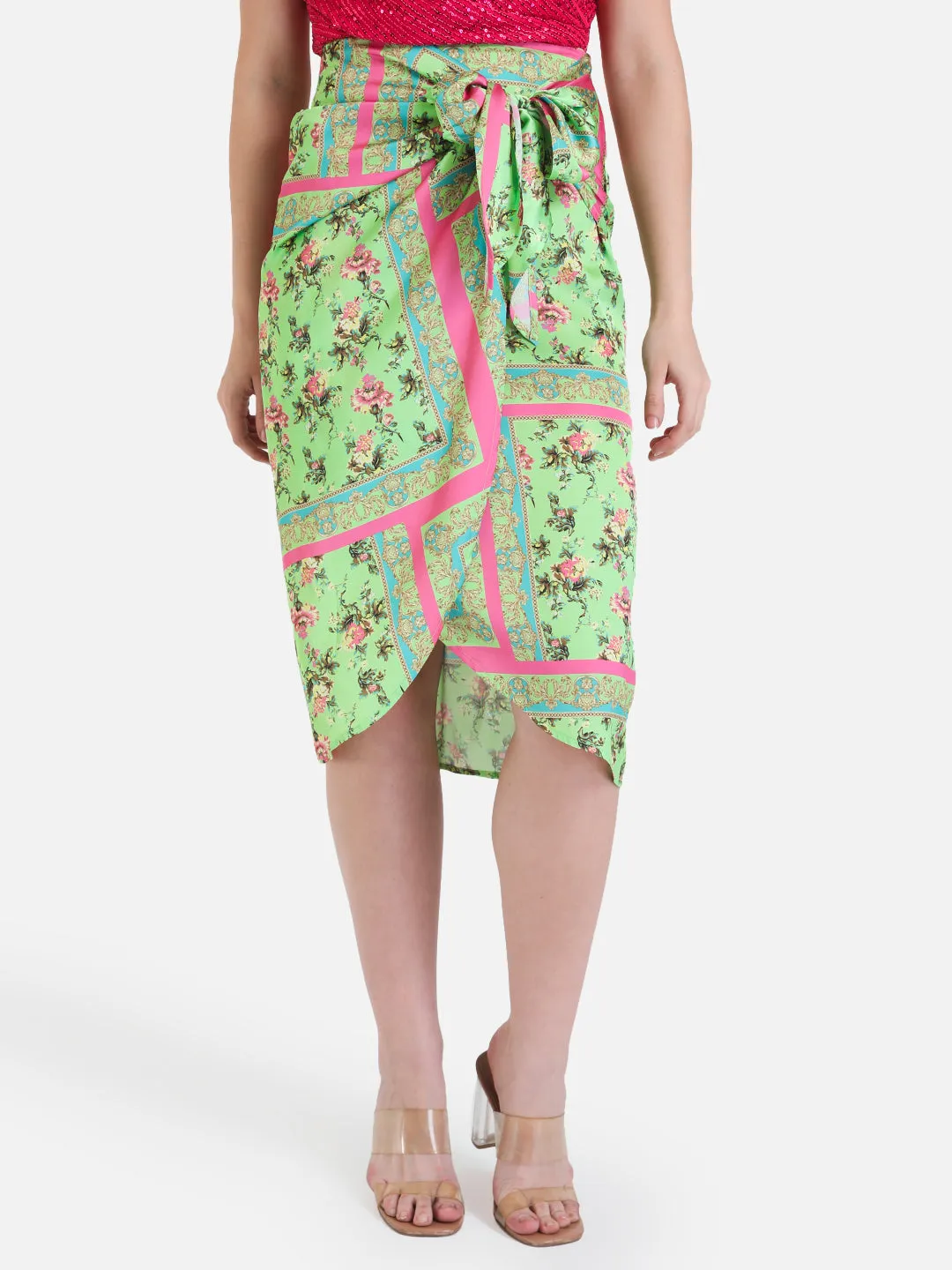 Scarf Printed Wrap Midi Skirt With Tie-Up.