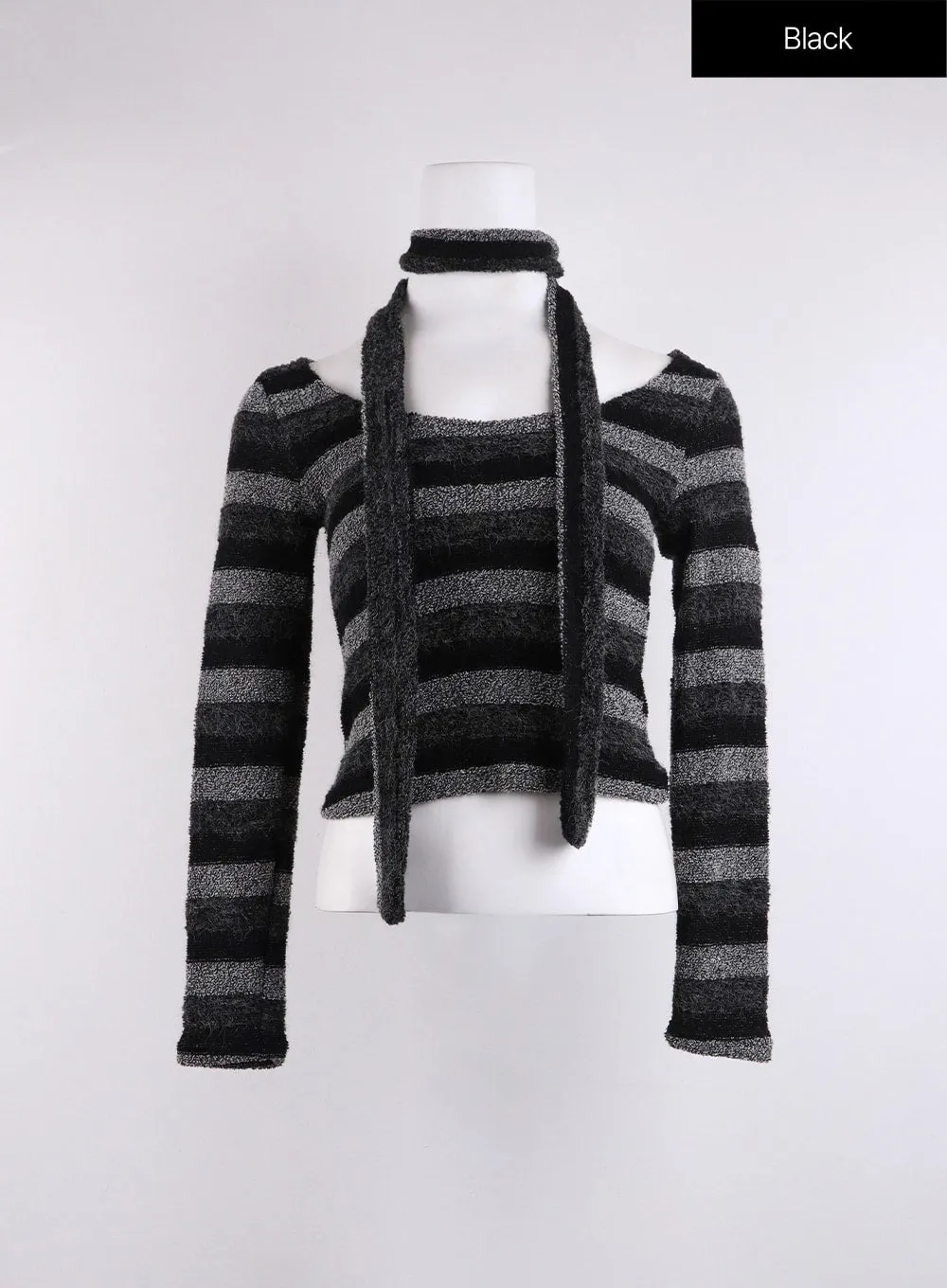 Striped U-Neck Crop Top with Scarf CJ424