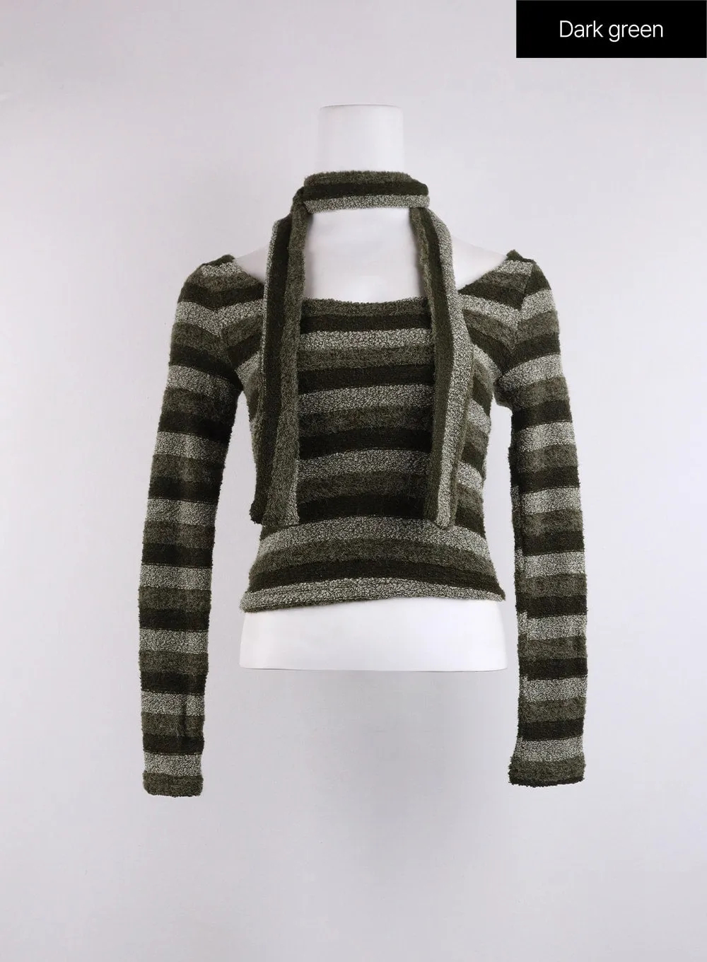 Striped U-Neck Crop Top with Scarf CJ424