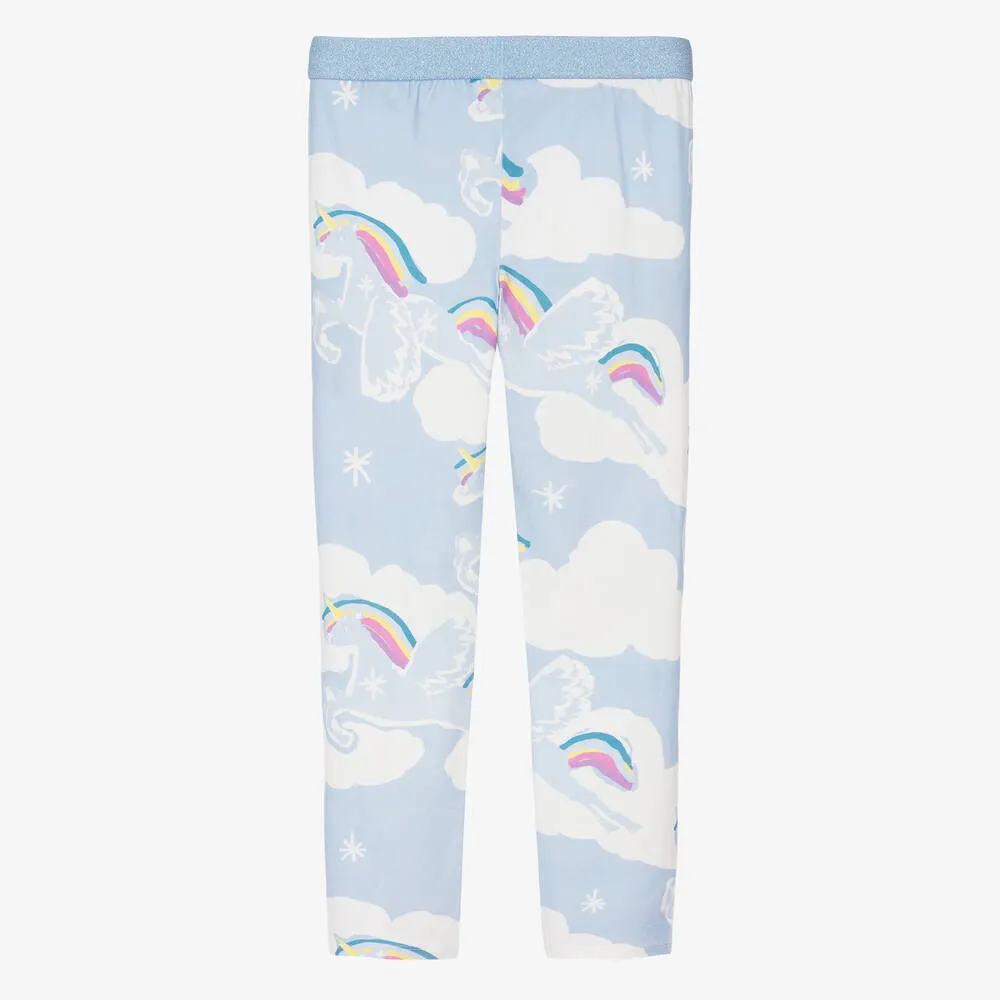 Teen Girls Blue Cotton Unicorn Leggings