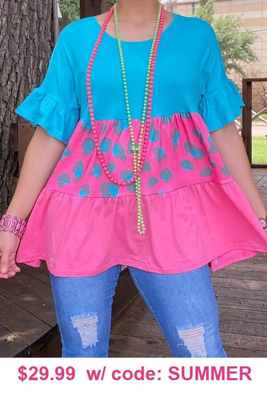 Turquoise/ Blue, Leopard, Pink Baby Doll Top