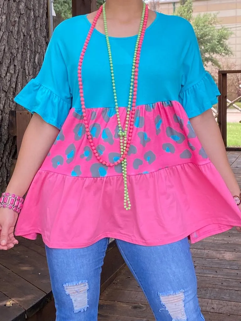 Turquoise/ Blue, Leopard, Pink Baby Doll Top