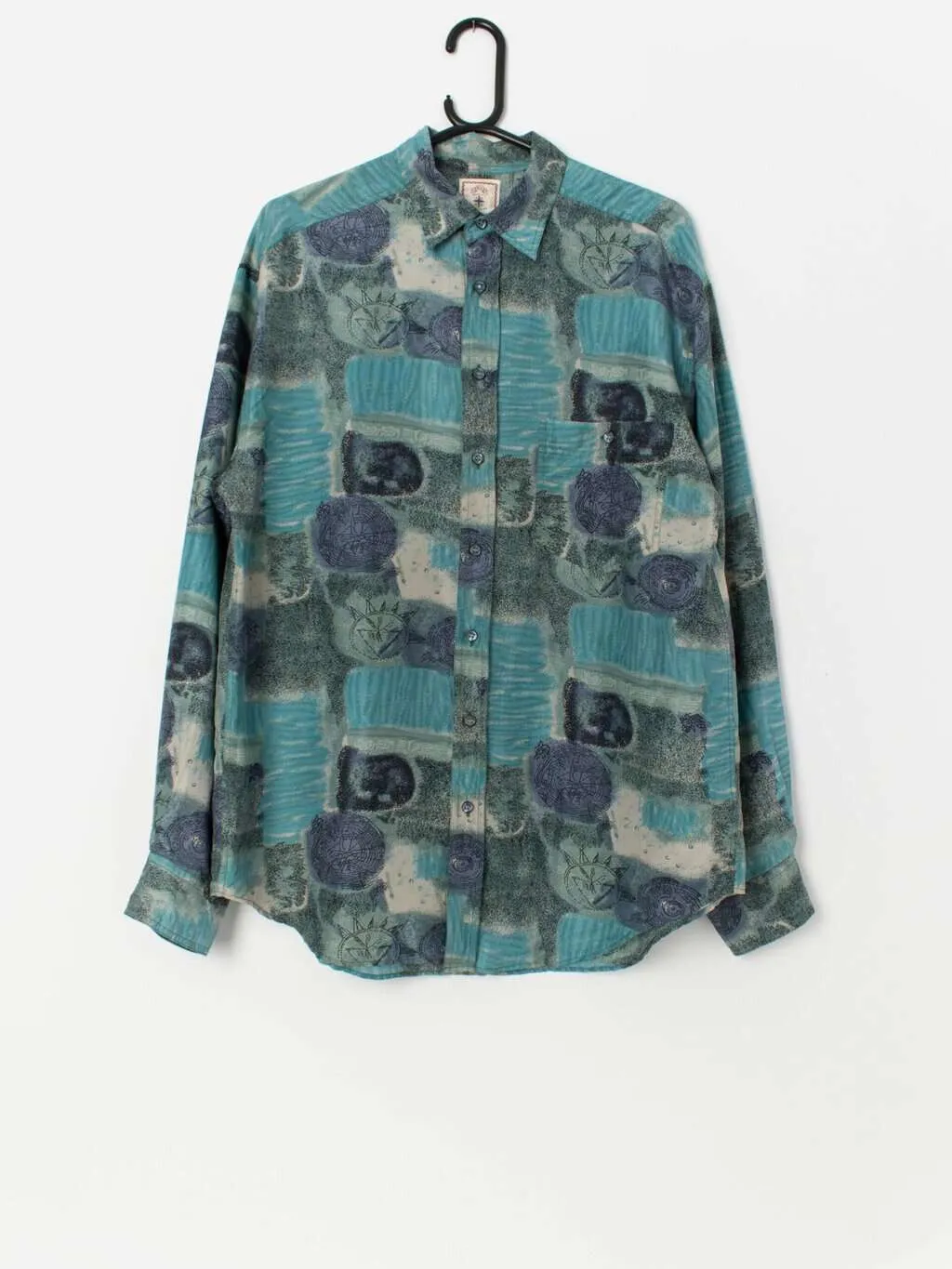 Vintage silk shirt in bold blue tones with long sleeves – Medium