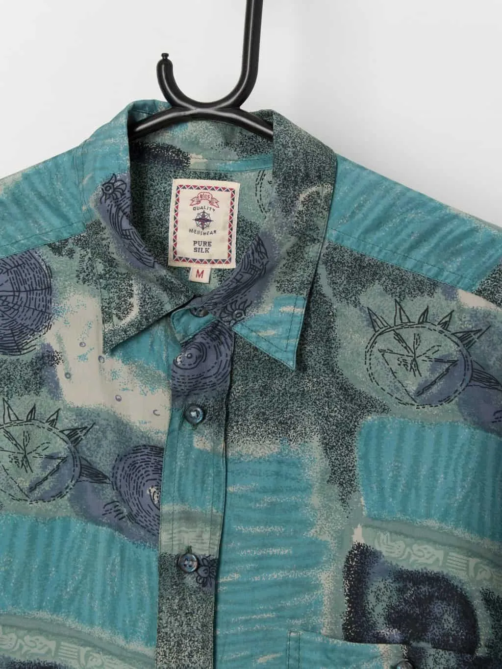 Vintage silk shirt in bold blue tones with long sleeves – Medium