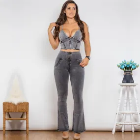 Women's Gray Zipper Top High Waist Push Up Flare Jeans Yoga Outfit Set